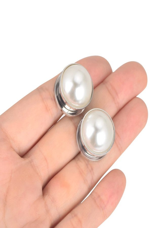 Qmcandy 2pcs Stainless Steel Pearl Ear Tunnels Double Flared Screw Plugs Piercing Gauges 0G, Silver - Image 2